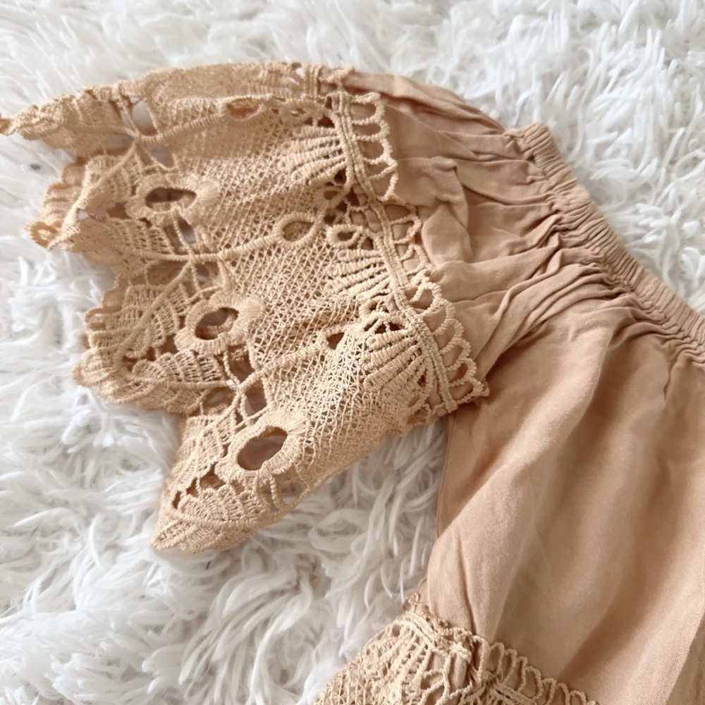 Tan Cropped Flutter Sleeve Blouse with Ruffles - Picture 5 of 5
